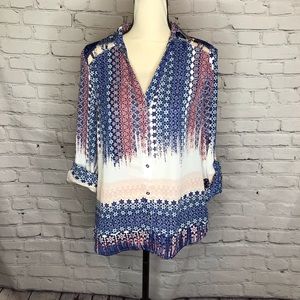 Candie’s Lattice Shoulder Roll Tab V-Neck Button Up Tunic White Blue Wine